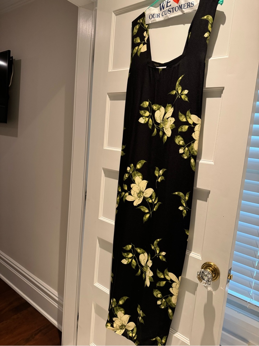 Reformation Black Midi Dress with Cream & Green Floral Print (worn once)
